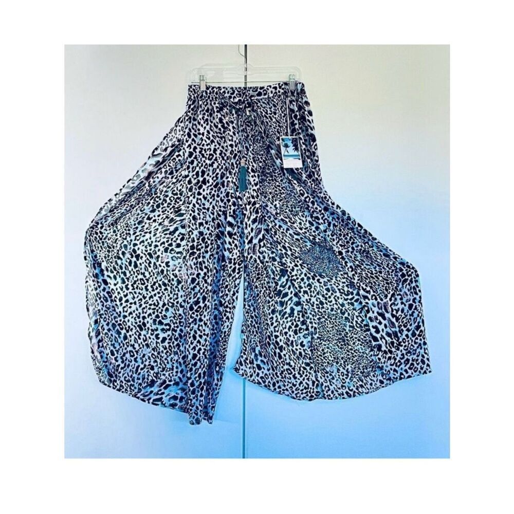 NWT Violet Sky Sz M White Sheer Animal Print Open Wide Leg Cover Up Beach Pants